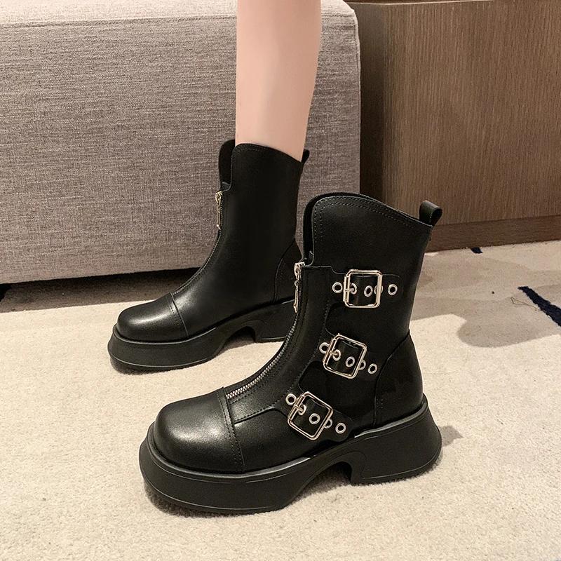 Fashion High Quality Shoes for Women 2024 Autumn Metal Belt Buckle Design Women's Punk Boots Waterproof Anti-slip Thick Sole Zipper Boot