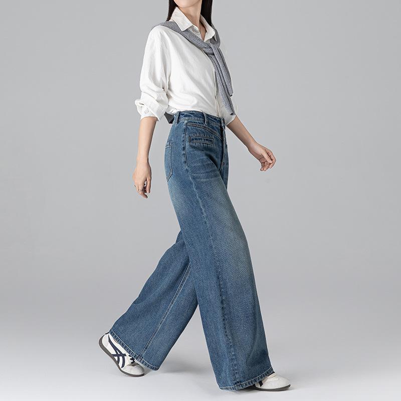 Jeans women's autumn new tube-pull floor-mopping pants high-waisted Khmer women's pants versatile loose wide-leg pants