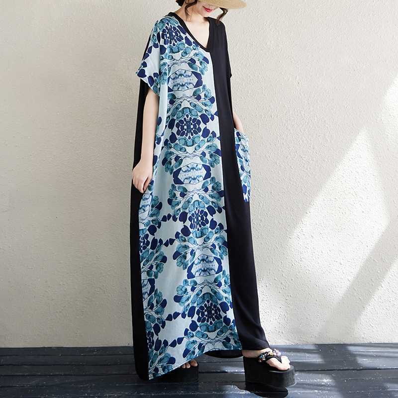 Women's Cotton and Linen Retro Slimming Short Sleeved Color Blocked Dress