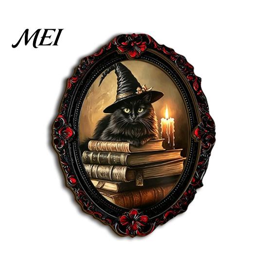 Small Halloween Gifts for Adults Wooden Refrigerator Magnet, Vintage Gothic Fridge Magnets, Oval Frame Decorative Distressed Black Red Magnets