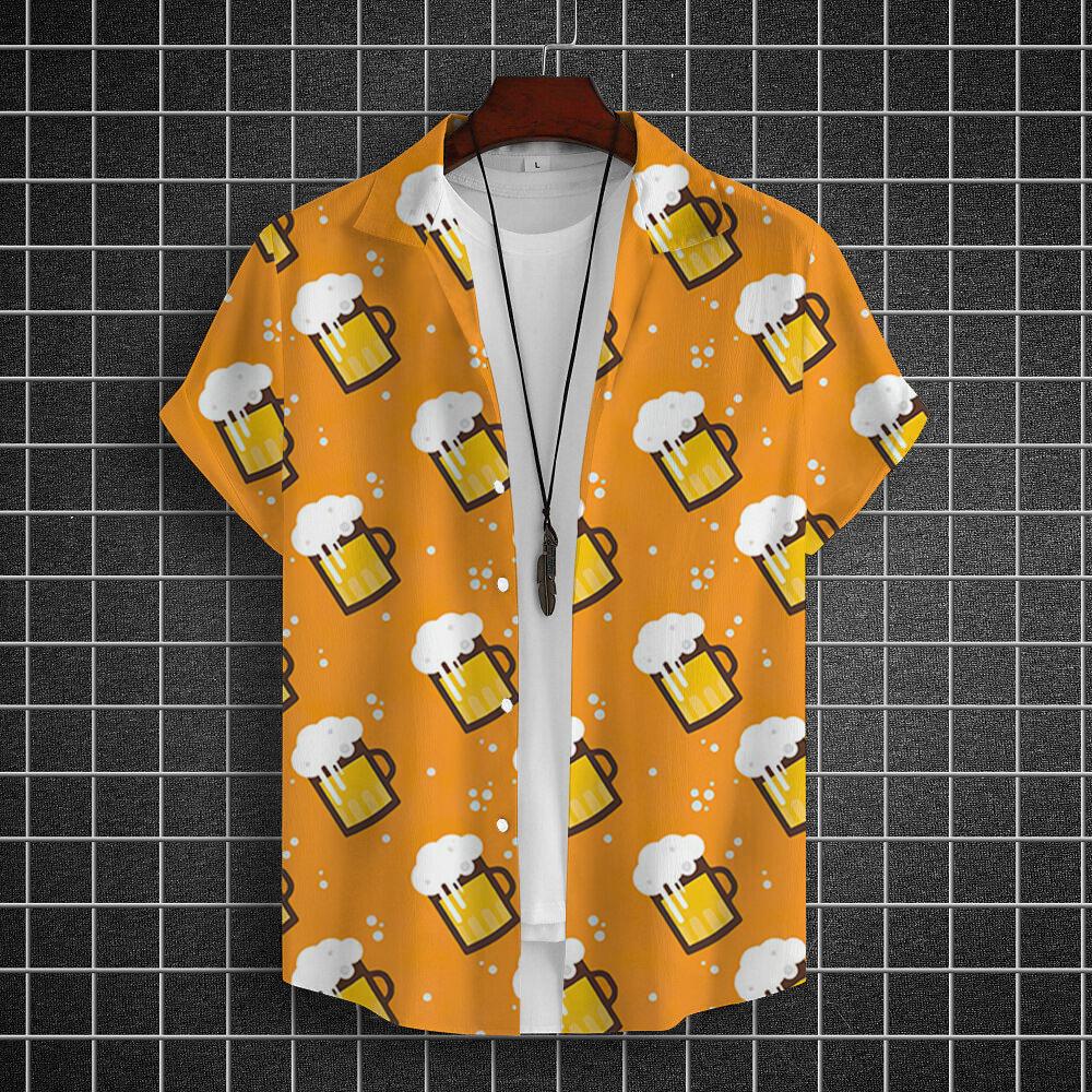 Мужская гавайская рубашка с 3D-принтом, усиленный пивной узор, модная пуговица, короткий рукав, воротник, уличная одежда, гавайская рубашка для мужчин