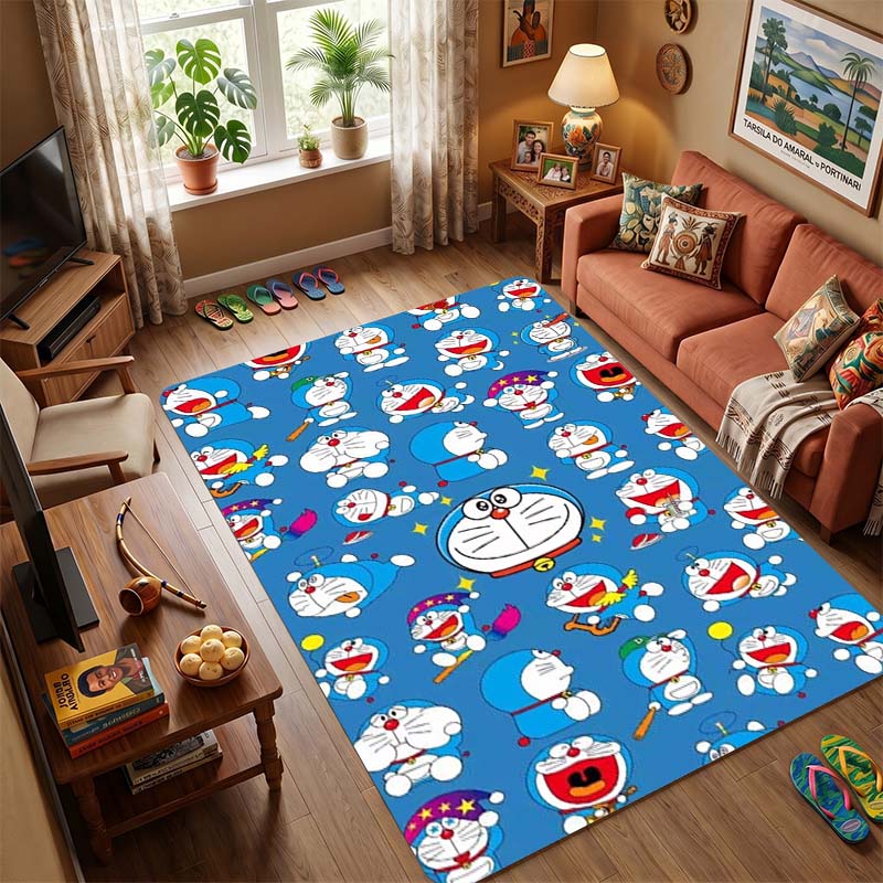 Doraemon & Friends Flying with Bamboo-Copter Area Rug, Non-Slip Floor Mat with Anime Print, Durable Carpet for Kids Bedroom