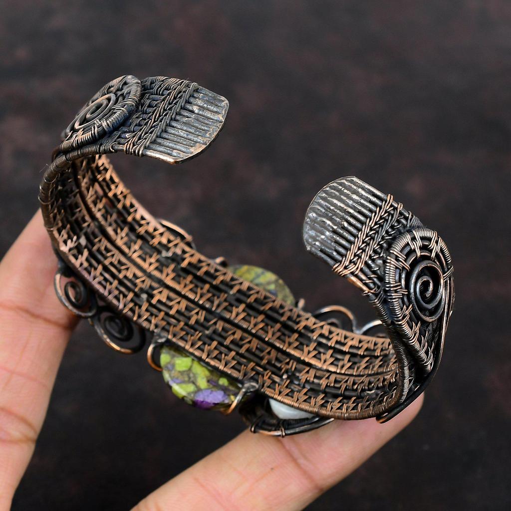 Медный браслет-манжета из стихтита, браслет-манжета с радужным лунным камнем, медная проволока, браслет-манжета с драгоценным камнем, регулируемый браслет, медные украшения ручной работы