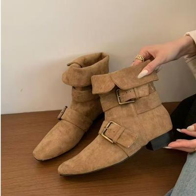 Осенние Завышенные Одиночные Ботинки Женская Мода Заостренный Носок Замшевый Рукав Металлическая Пряжка Нескользящие Короткие Ботинки