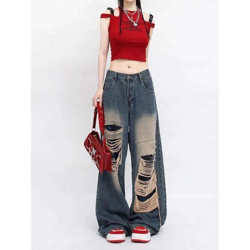 American Retro Jeans Loose Wide-leg Jeans Women Blue Hole Look Thin Trendy All-match Wide Leg Straight Mopping Pants Women 2024