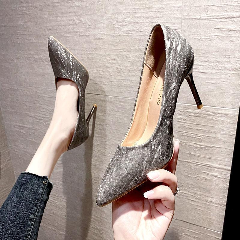 Summer New Ladies Champagne Color Main Wedding Dress Bridal Wedding Shoes New Style with Dress Banquet Pointed Toe 8cm Female Stiletto High Heels