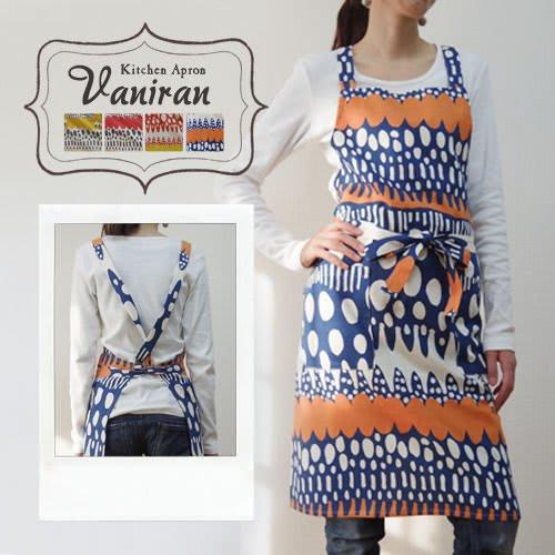 Fabrizm Japanese-made Knee-Length Kitchen Apron with Back Cross, Vanilla Pattern, Blue and Orange, 1185-bl-bl