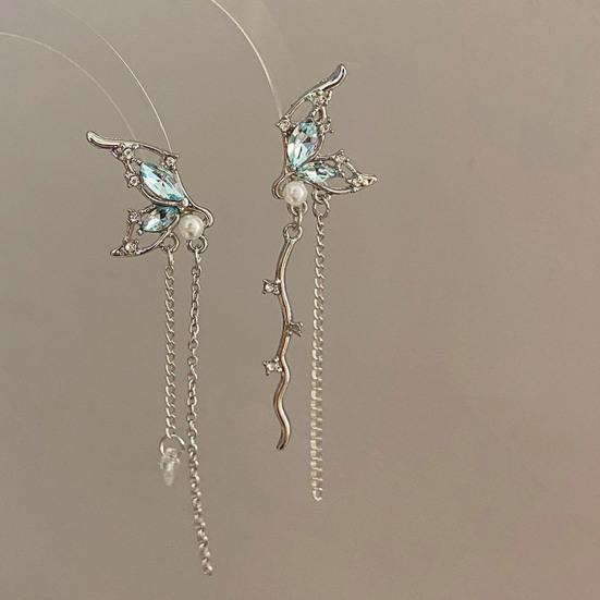 1 пара милых серег-капель в форме бабочек, женские асимметричные серьги-гвоздики с цепочкой и кисточками, серьги-гвоздики из искусственного жемчуга, инкрустированные стразами