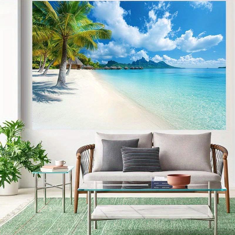 2D flat 1pc tropical beach background featuring coconut trees white sand and azure sea