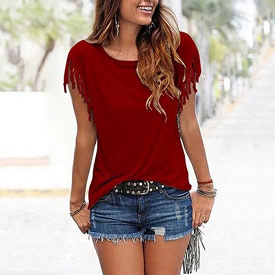 Летняя женская повседневная однотонная свободная футболка с круглым вырезом и коротким рукавом с кисточками, топ