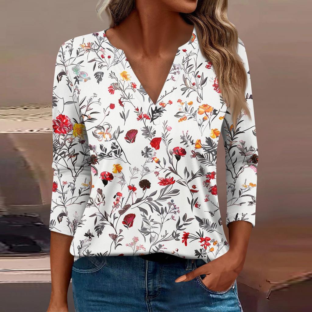 Women's T Shirt Tee Print Button  3/4 Sleeve Daily Weekend Fashion Basic V- Neck Regular Top