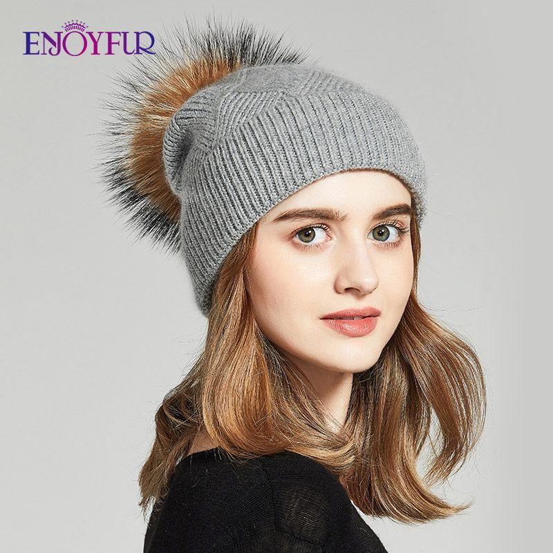 Мягкие зимние шапки ENJOYFUR для женщин, шапка с помпоном из натурального меха, теплые шерстяные шапки с напуском для женщин, модные женские шапки Skullies