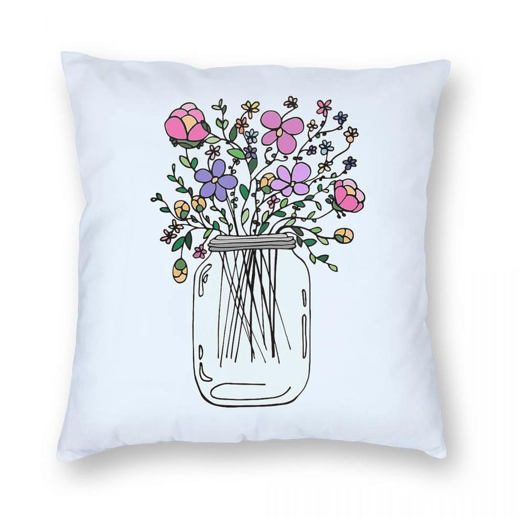Mason Jar With Flowers Square Pillowcase Polyester Linen Velvet Printed Zip Pillow Case Sofa Seater Cushion Case 45X45