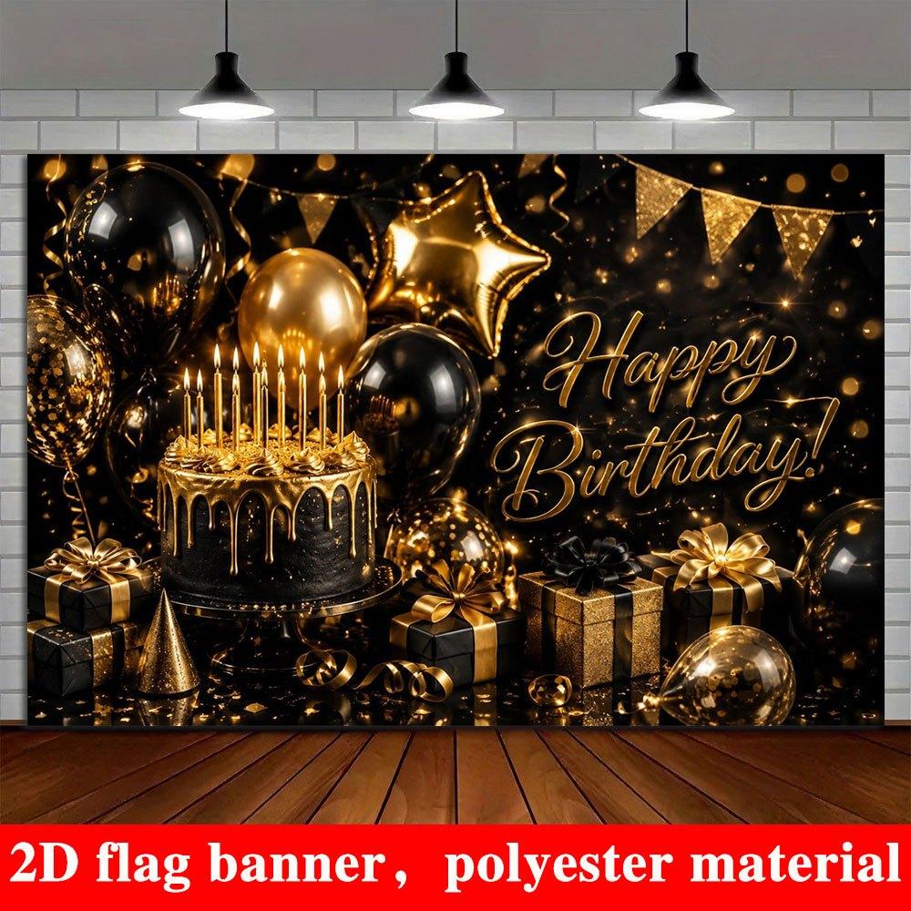 2D Flat Banner, Black and Golden Birthday Party Backdrop, Black and Golden Cake, Balloons, Gift Boxes, Polyester