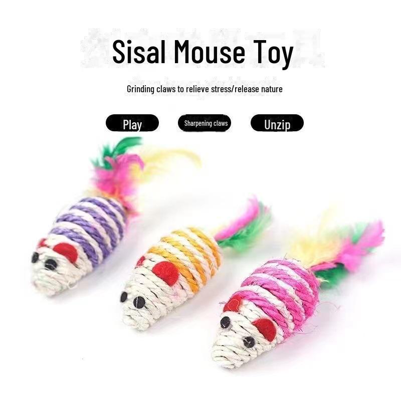 Игрушка для кошек «Сизалевая мышь с перьями» — обучающая и интерактивная игрушка для домашних животных