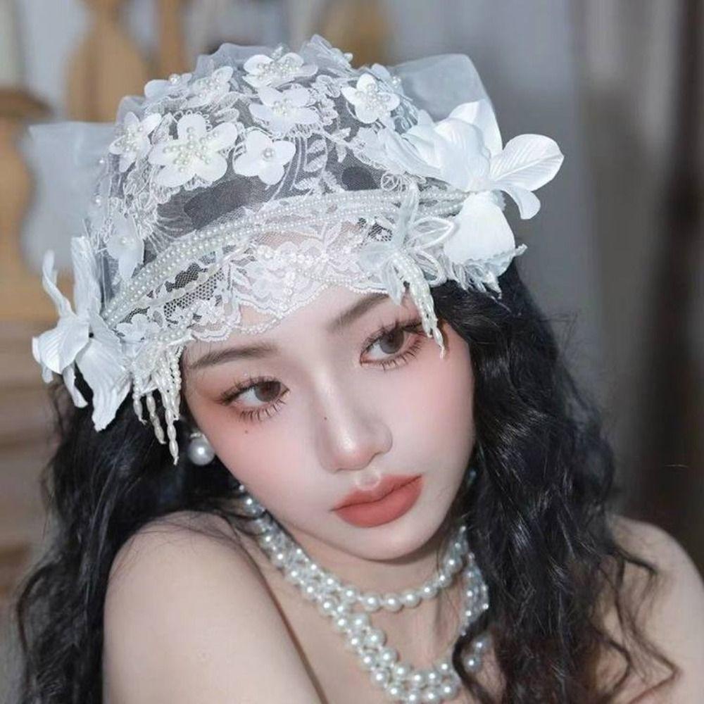 Pearls Beads Bride Headdress White Wedding Headwear Elegant Bridal Hat  Hair Jewelry