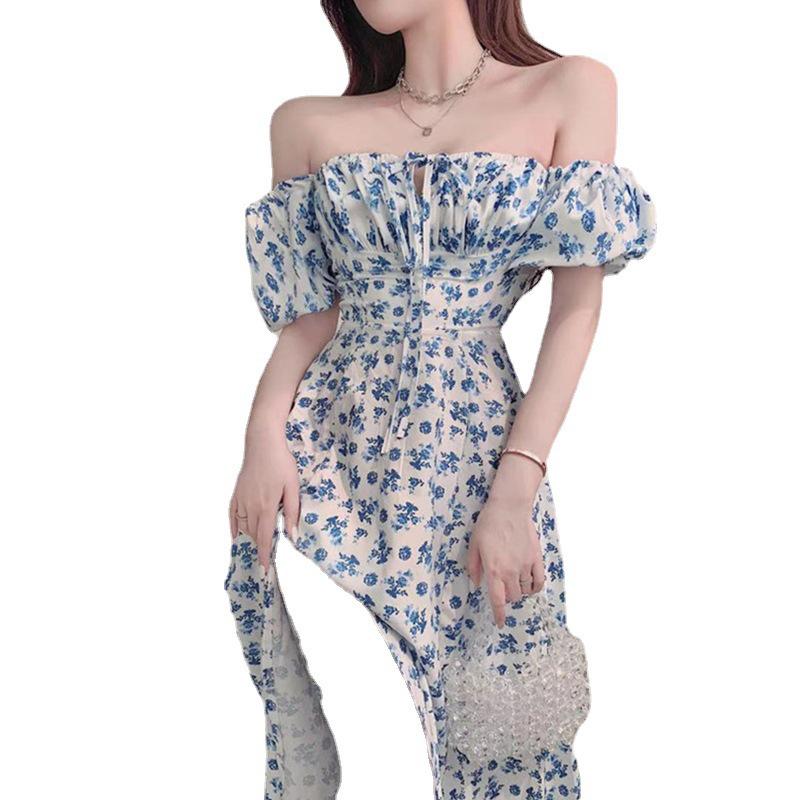 Women’s Blue Floral Summer Dress with Slit, One-Shoulder, Clavicle-Highlighting French Tea Break Style