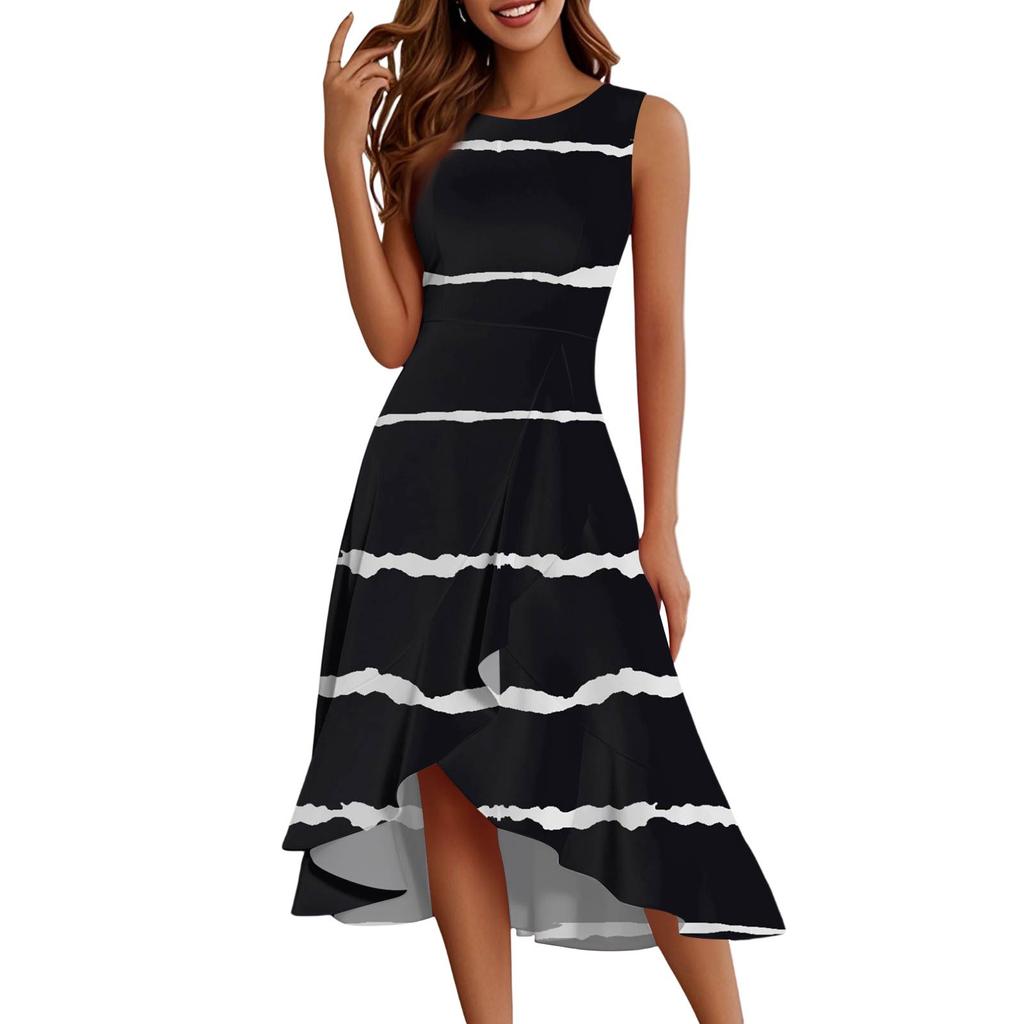 Женские модные повседневные платья без рукавов с круглым вырезом и принтом, элегантные, темпераментные, с оборками