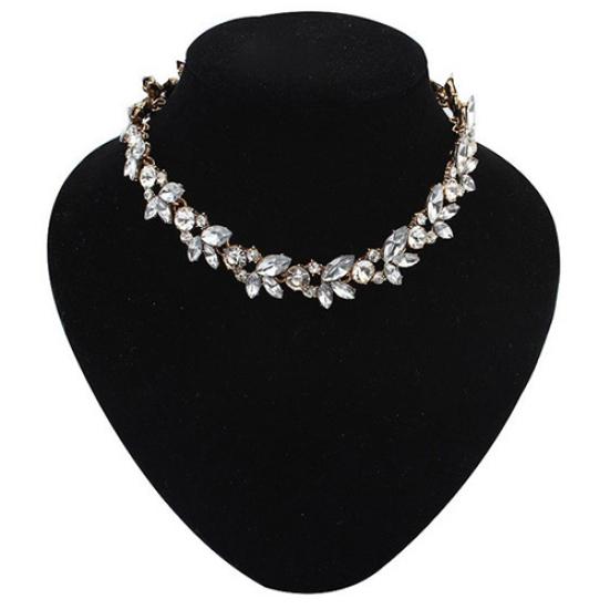 Women Party Luxury Crowd Clear Rhinestone Flower Bronze Choker Bib Necklace
