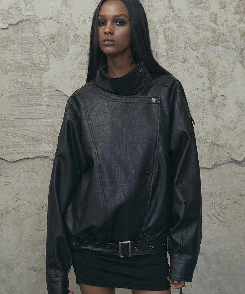VOONT Belt High-Neck Leather Jacket (Black)