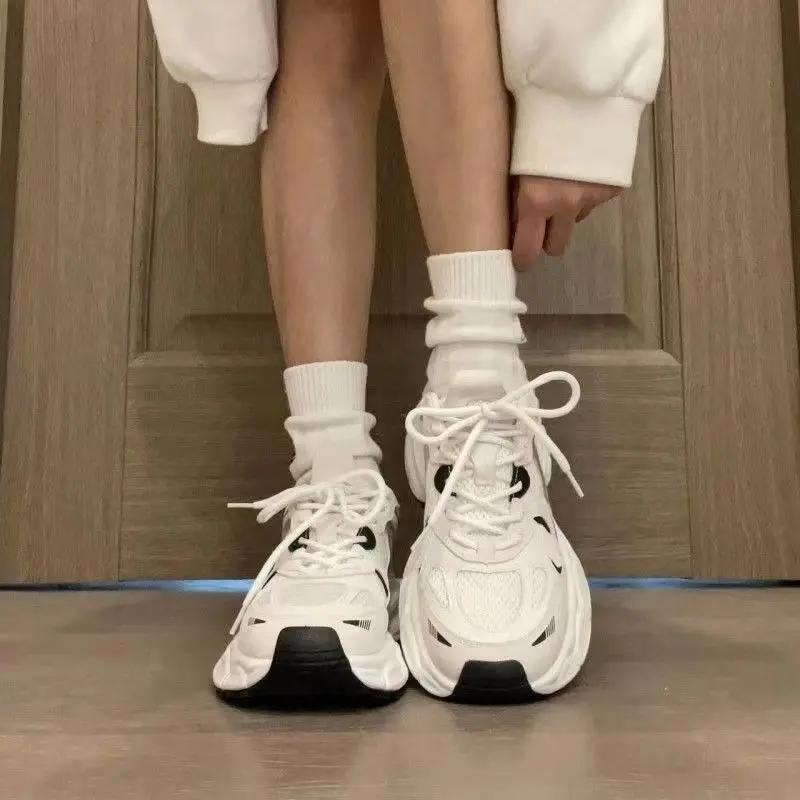 Outdoor Leather+Mesh Breathable Chunky Jogging Sneakers Summer Women Platform Flat Shoes Woman White Casual Walking Trainers