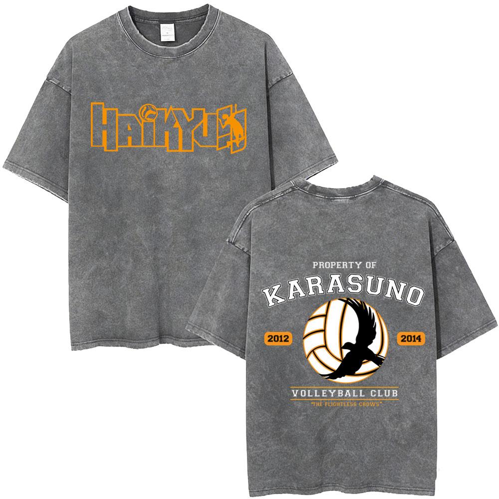 Стирка Винтаж Аниме Хайкью PROPERTY OF KARASUNO VOLLEYBALL CLUB Мерч Футболка Мужская Женская Летняя Мультяшная Манга Оверсайз Футболка
