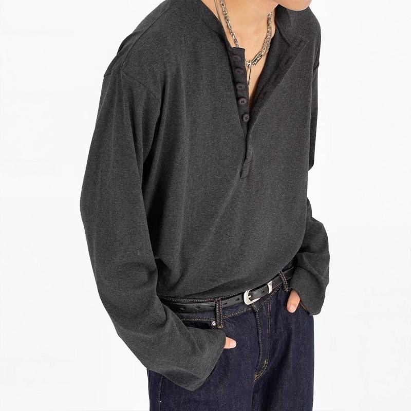 Men S Round Neck Solid Color Long Sleeve Loose Fit Casual T Shirt