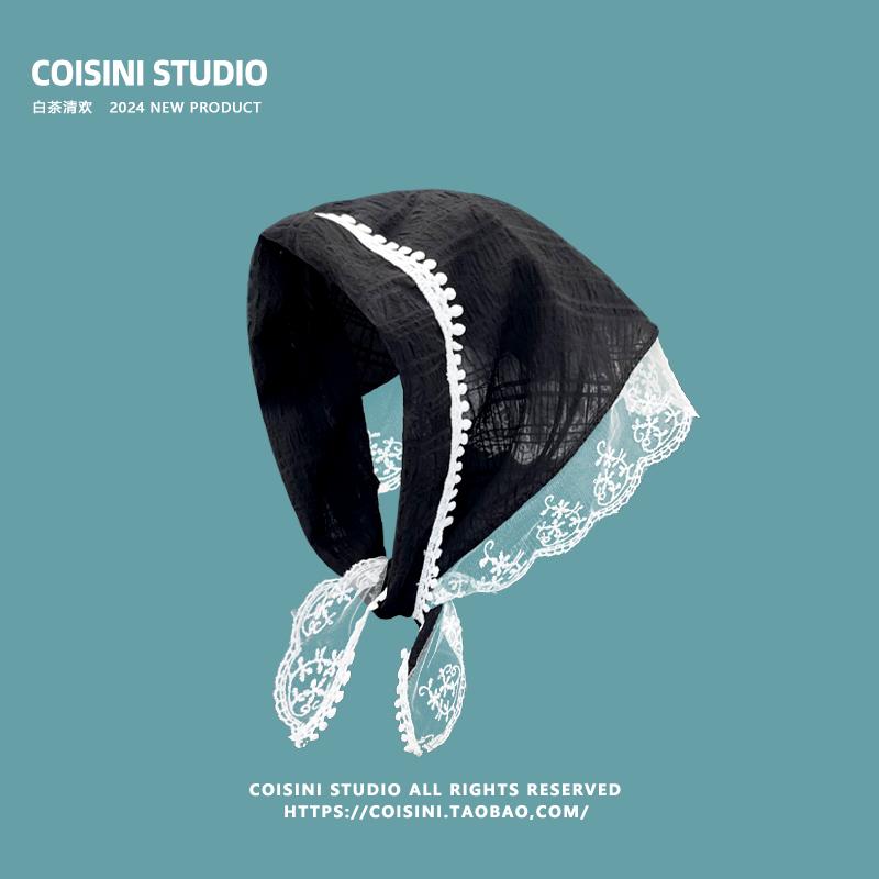 Треугольный платок для волос во французском пасторальном стиле для женщин, весенний и летний дорожный универсальный шелковый шарф с кружевным цветком в стиле ретро