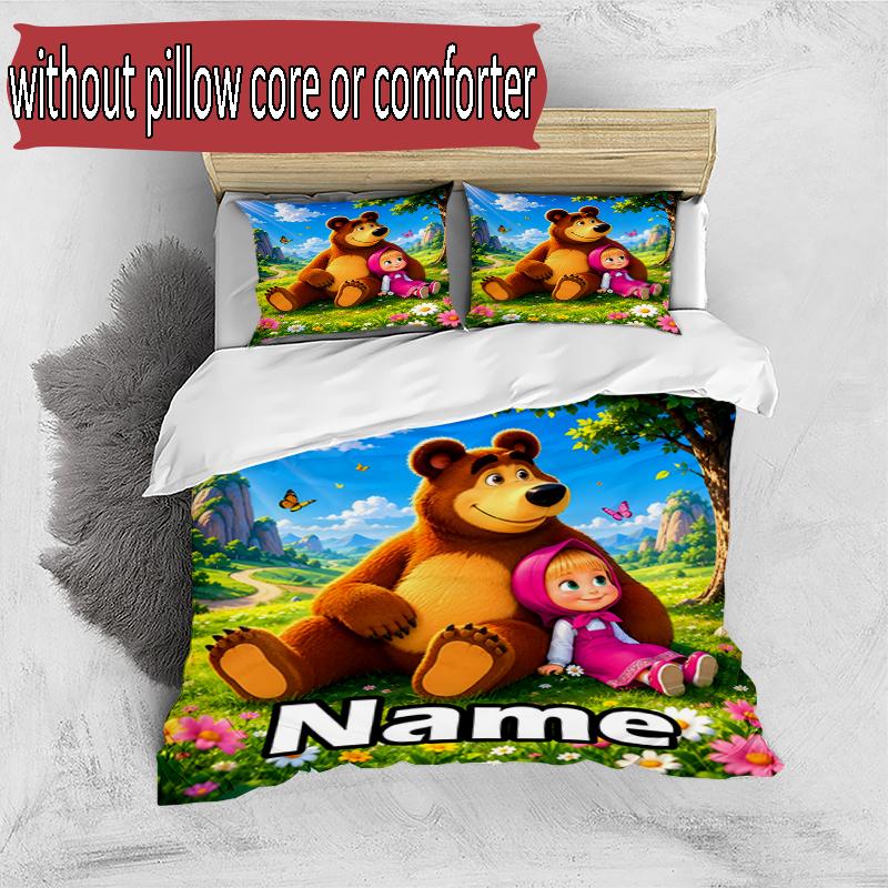 3pcs Duvet Cover Set (1*Duvet Cover + 2*Pillowcase, Without Core), Custom Name Masha and The Bear Pattern Bedding Set, Home Bedroom Decor Gift