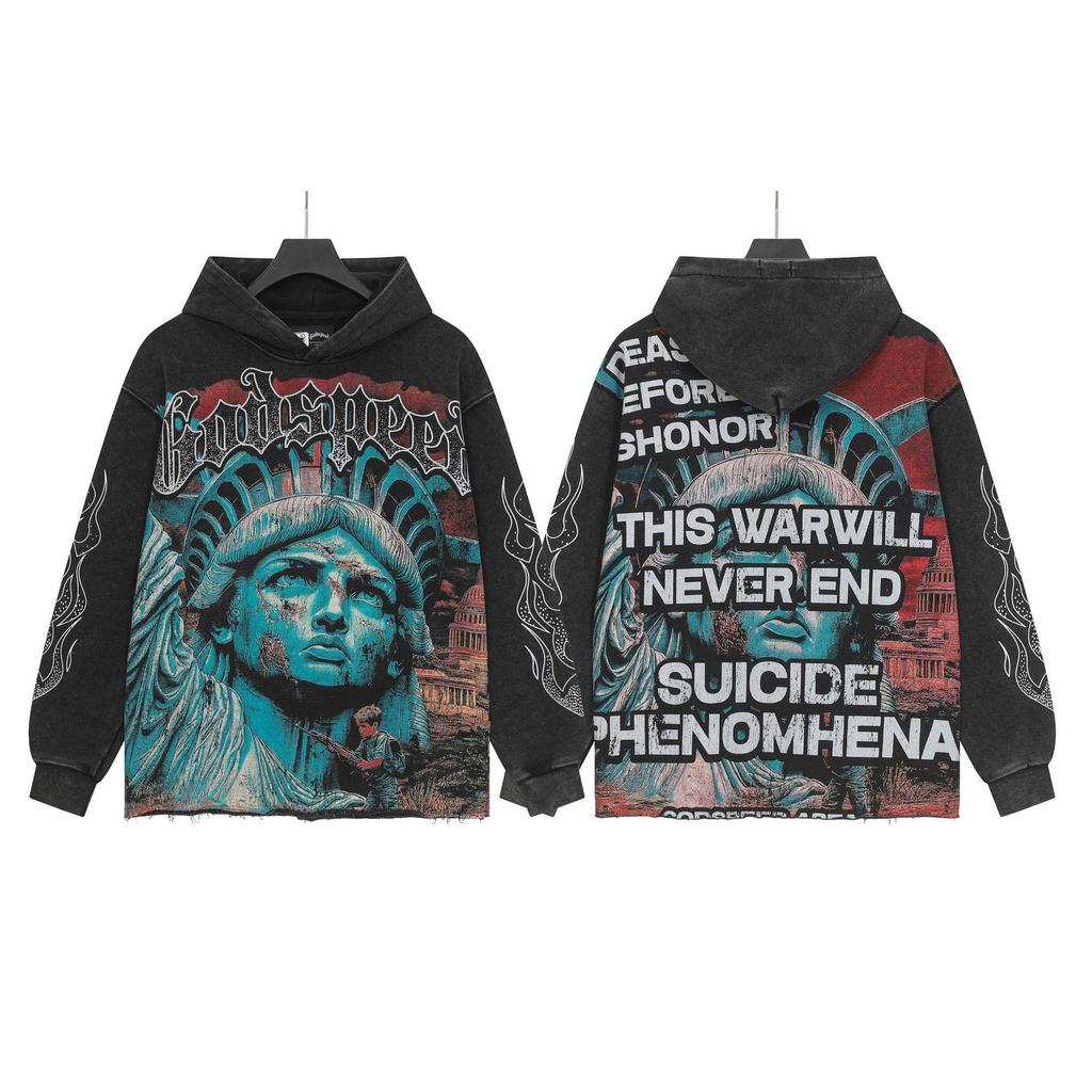 Худи с ретро-принтом 'God Bless America' в стиле рок-стрит, стиранное, повседневное, свободного кроя