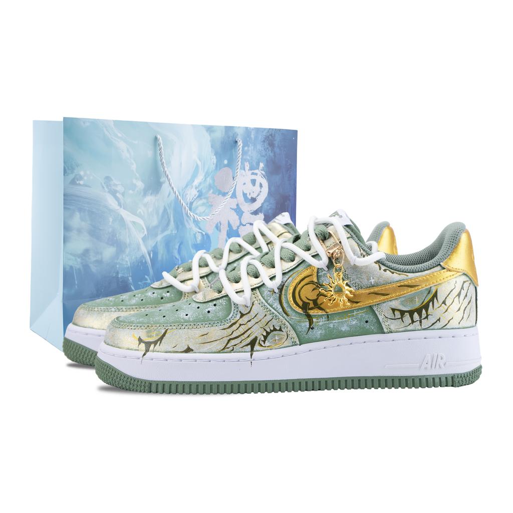 Nike Air Force 1 Moss Vein Godmark Abrasion Resistant Low top Skateboard Shoes Unisex Golden Cyan FJ4146-301(Team836-)