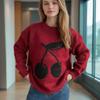 Осень и Зима Новый Вишневый Жаккардовый Женский Свитер Круглый Вырез Свободный Вязаный Свитер Ленивый Стиль Повседневный Мягкий Эластичный Худи 3548