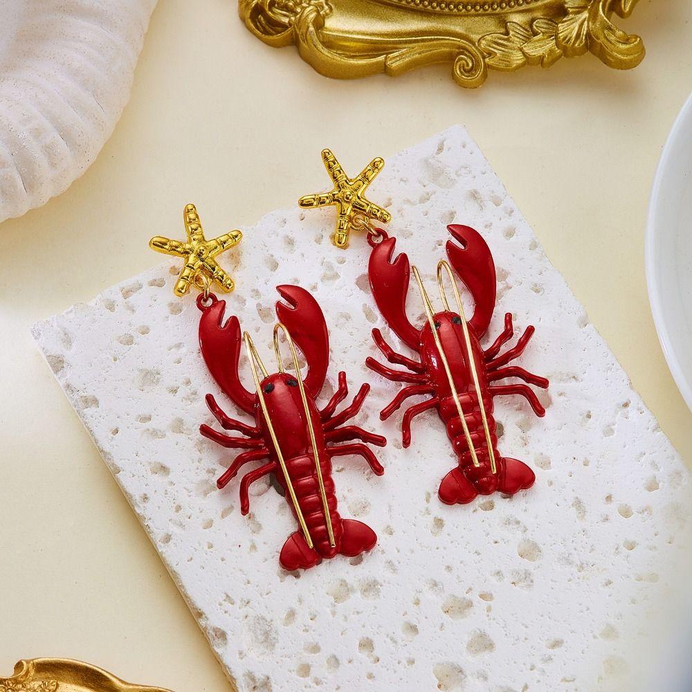 Ocean Series Lobster Earrings Enameled Metal Ear Jewelry Cute Animal Earrings for Girls Ladies