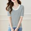 Пуловер с U-образным вырезом в ретро-полоску, женский летний новый стиль, простой для работы, футболка с коротким рукавом
