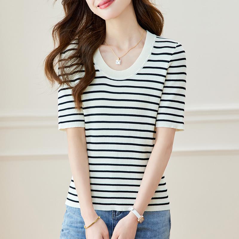 U-neck Classic Style Striped Sweater Pullover Womens Summer Latest Style Commuting Simple Half-sleeved T-shirt