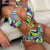 Asymmetric Printed Cut Out One Shoulder One Piece Swimsuit Women Swimwear Female Monokini Padded Bather Bathing Suit Swim