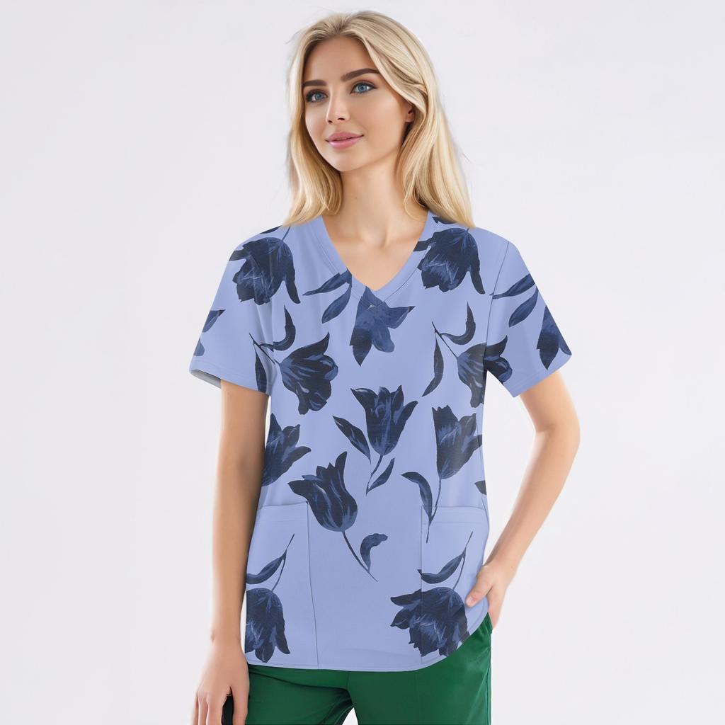 Рабочая форма больших размеров с принтом, топы для женщин, забавные футболки с v-образным вырезом и короткими рукавами, рабочая одежда, футболка с карманами