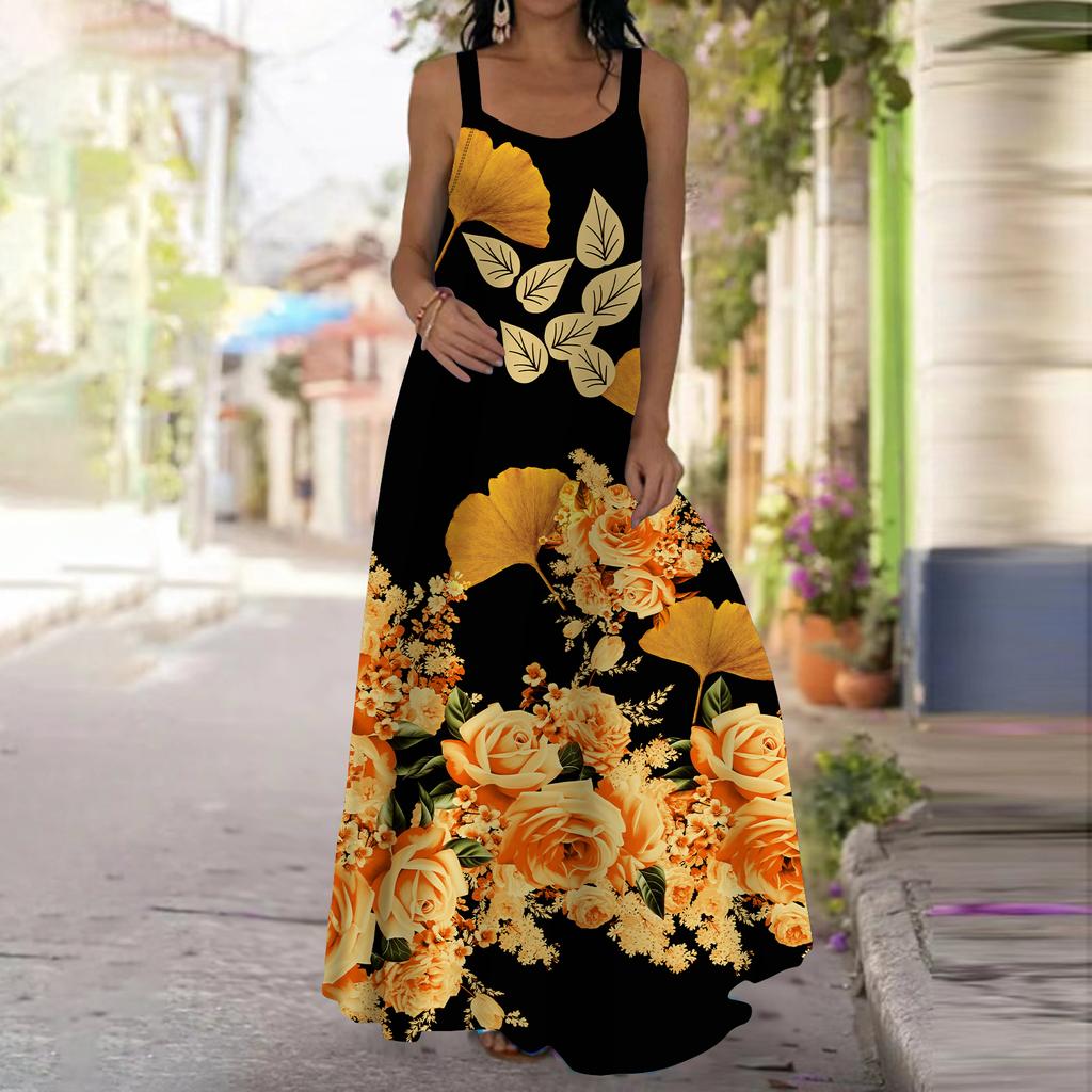 Женское платье-комбинация Длинное платье макси Платье с принтом желтых роз Весна и лето Для отдыха и отпуска