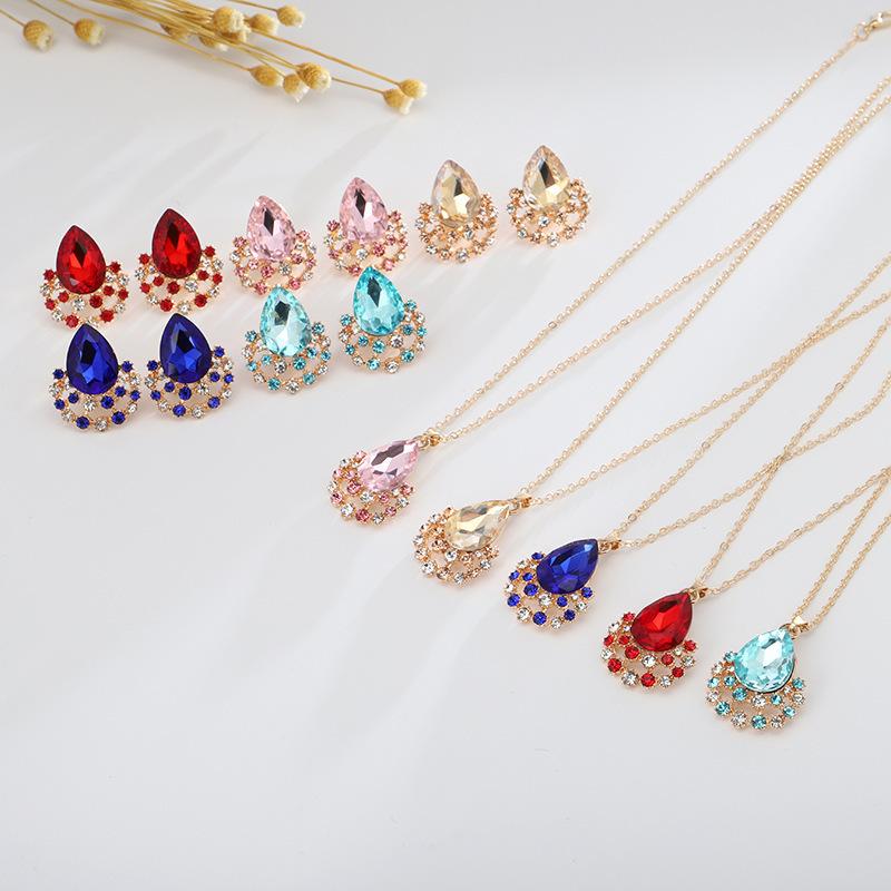 1set/3pcs (Necklace + Earrings) Women's Elegant Jewelry Set Fashion Jewelry Crystal Gemstone Diamond Drop Pendant Set Accessories