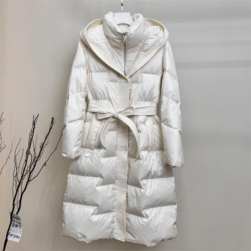 Solid Color Casual Hooded Long Down Coat Knee-length Thickened Slim-fit Slimming Waist Warm Down Coat