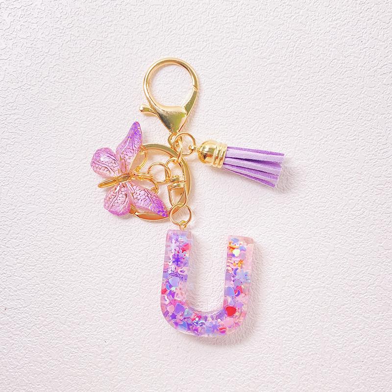 Able Purple Letter Keychain Sequin Butterfly Tassel Pendant Keychain Exquisite Backpack Decoration Accessories Gifts