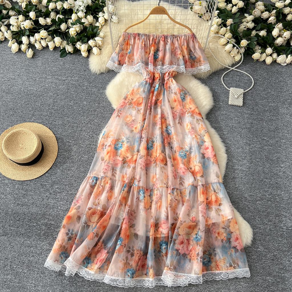 Высококачественное цветочное пляжное макси-платье для женщин с разрезом по горловине, эластичное отпускное шифоновое платье А-силуэта с кружевным принтом, длинный сарафан