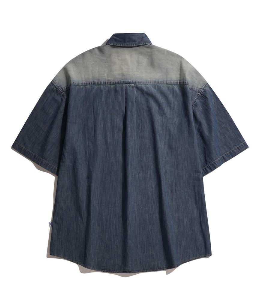 STENDS [M~4XL] Джинсовая рубашка с коротким рукавом, выцветшая, синяя