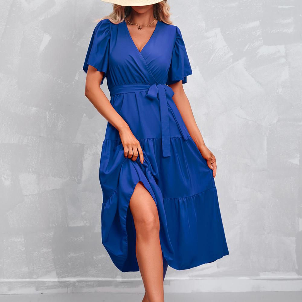 GMXIA Women's Fashion Summer Spring Solid Color Print Short Sleeve V-Neck High Waist Casual Dresses