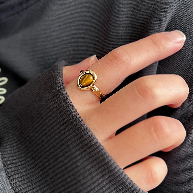 Retro Tiger's Eye Stone Finger Ring Brown Stone Rings for Women Opening Adjustable Gold Rings Jewelry Gifts