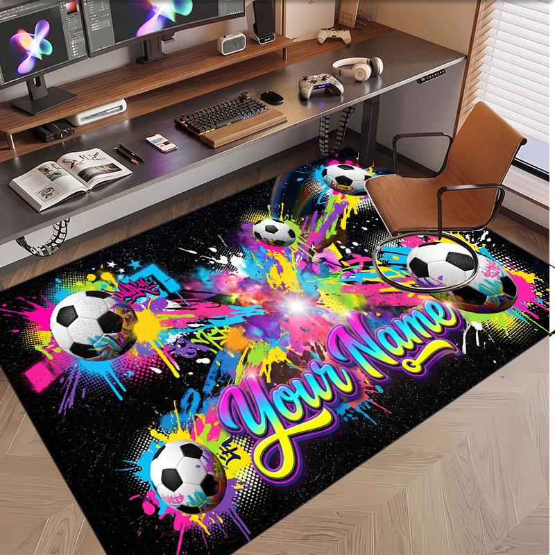 Soccer Theme Soft Crystal Velvet Rug Custom Name & Text Print Non Slip Floor Rug for Bedroom Living Room