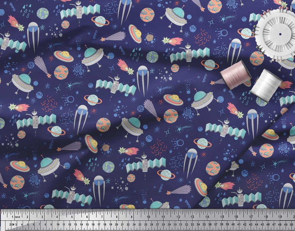 Soimoi Зеленая японская креп-сатиновая ткань Ткань с принтом «Спутник и планета Галактика» по метрам, 42 дюйма