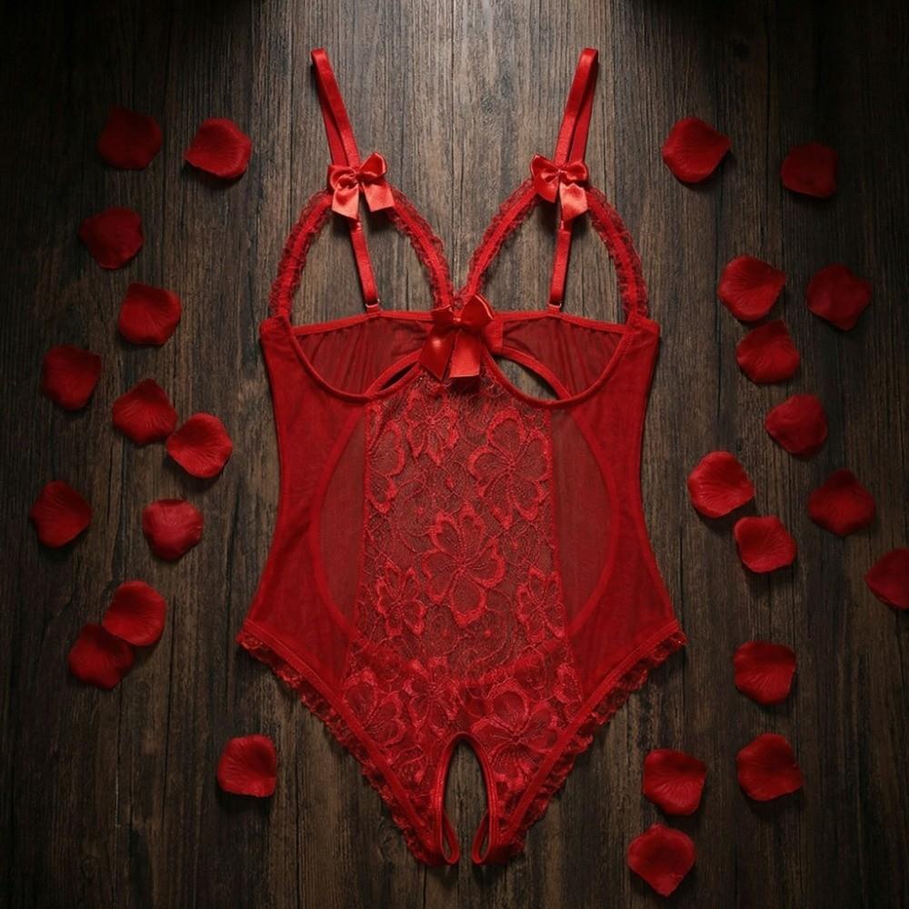 Mesh Hollow Women Underwear Open Crotch Sleeveless Jumpsuits Sweet Lace Bow Bodysuit Home