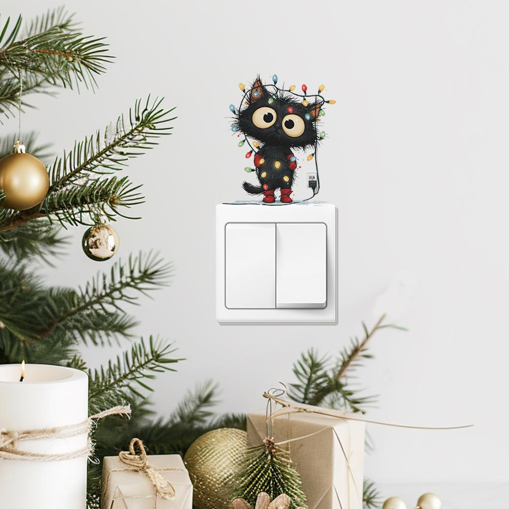 Наклейка на выключатель «Черная кошка со световой гирляндой» Креативный праздничный декор для дома Съемная самоклеящаяся наклейка