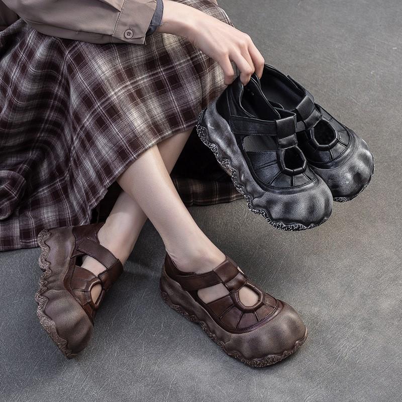 Johnature Thick Soled Retro Anti Slip Women's Flat Shoes Genuine Leather Versatile Roman Sandals